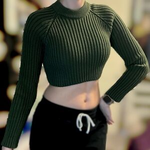 Zara Olive Ribbed Knit Cropped Raglan Sleeve Sweater